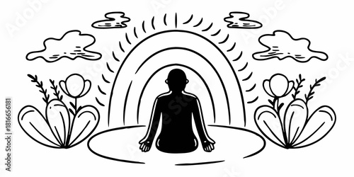 Silhouette figure meditating under a rainbow with clouds and flower plants in black and white drawing