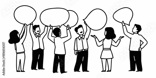 Group of people holding up speech bubbles in a black and white drawing style illustration art image