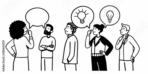 Group of people sharing ideas with lightbulbs in speech bubbles and blank speech bubble design is here