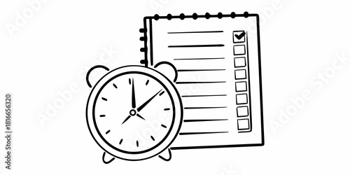 Illustration of an alarm clock next to a checklist with one item marked as completed on a white background