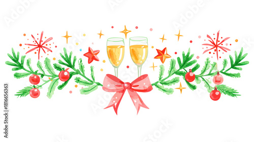 Watercolor festive border with champagne toast, evergreen branches, red berries, and sparkling stars, ideal for holiday cards and New Year celebrations