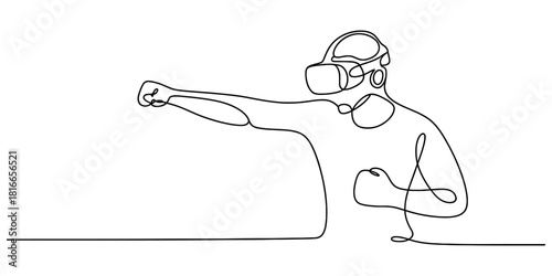 Continuous line drawing of a person wearing a virtual reality headset and punching, exploring digital interaction in metaverse gaming Vector, illustration