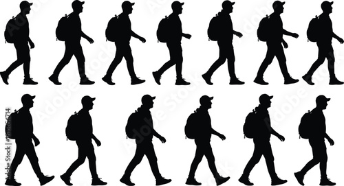 Walking silhouette sequence, gait cycle icon, backpack figure, motion study, black graphic, stride posture, animation frame, human movement