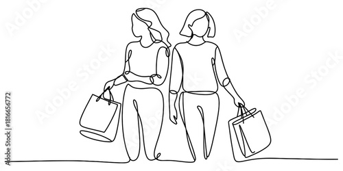 Continuous line drawing of two happy women friends walking together with shopping bags after a successful retail therapy session, minimalist design Vector, illustration