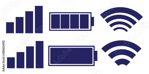Signal strength wifi and battery icons technology. Connectivity and Power Status Indicators, Mobile Network Symbols
