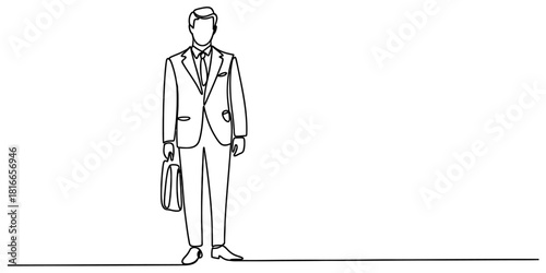 Continuous line drawing of a businessman standing with a briefcase. minimalist vector art for corporate success, professionalism, and career pursuit. Vector, illustration