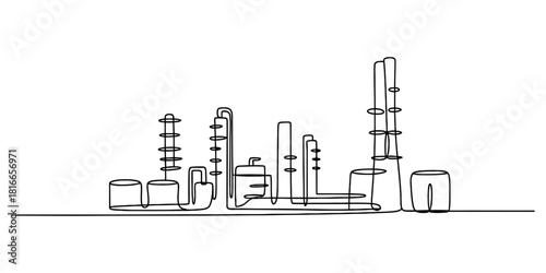 Continuous line art drawing of a sprawling industrial refinery or chemical plant with distillation towers and storage tanks on a clean white background Vector, illustration