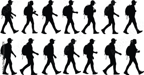 Walking silhouette set, backpack cap figure, stride motion icon, black graphic, gait cycle, human movement, animation frame, posture study