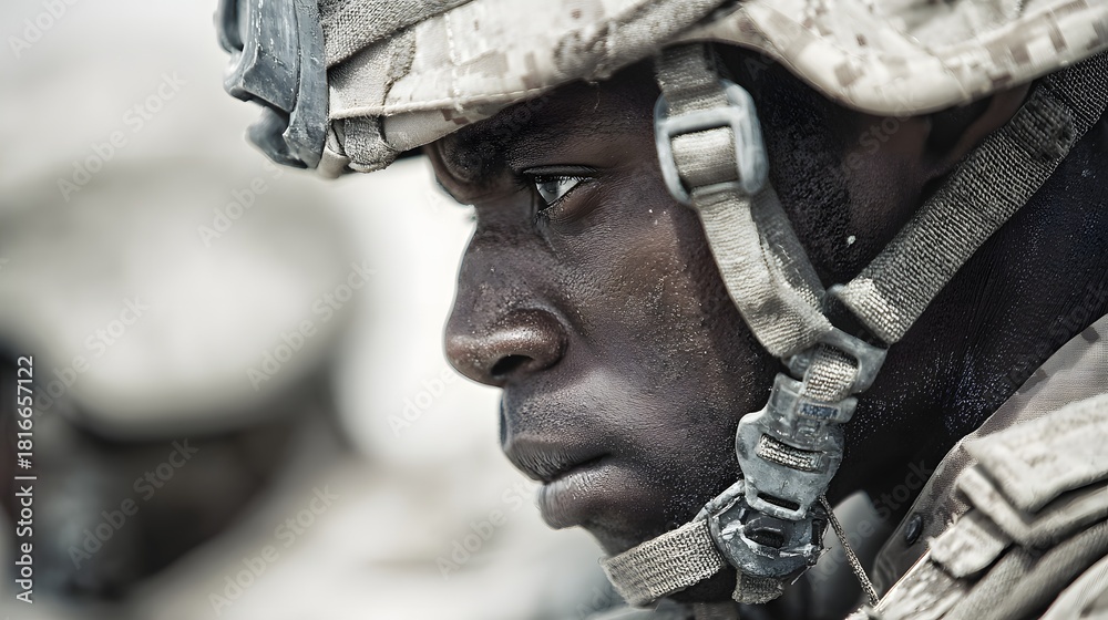 Obraz premium Intense close-up profile of a Black soldier in combat uniform and helmet.