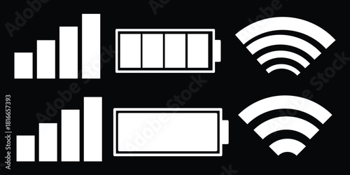 Mobile interface top bar icon set. iPhone ios notification bar includes: battery, wifi, signal icons