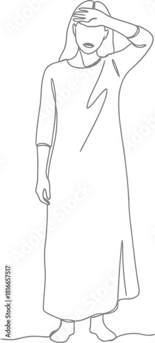 Line drawing of a person in traditional middle eastern clothing looking up