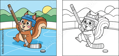 Coloring book page for kids with cute cartoon squirrel playing ice hockey. Vector illustration of winter sport animal with color sample and outline.