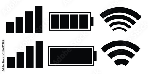 Mobile interface top bar icon set. iPhone ios notification bar includes: battery, wifi, signal icons