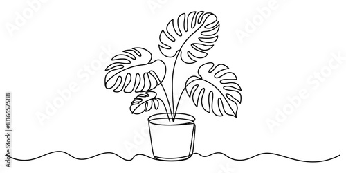 Minimalist one line drawing of a monstera deliciosa plant in a simple pot, elegant continuous line art botanical illustration for home decor and design. Vector, illustration