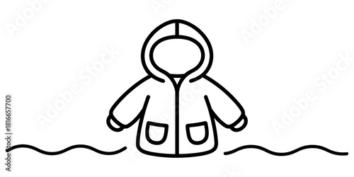 Line art icon of a hooded rain jacket with pockets and wavy lines below, depicting wet weather clothing, outdoor protection from elements. Vector, illustration