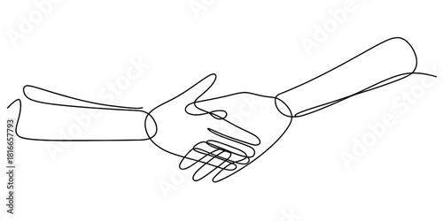 Minimalist continuous line art drawing of two hands engaged in a firm handshake, symbolizing partnership, agreement, and trust. Vector, illustration