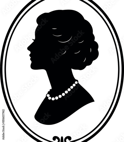 Elegant vintage woman's profile silhouette with pearl necklace in an ornate oval frame, symbolizing classic beauty, history, and timeless grace.