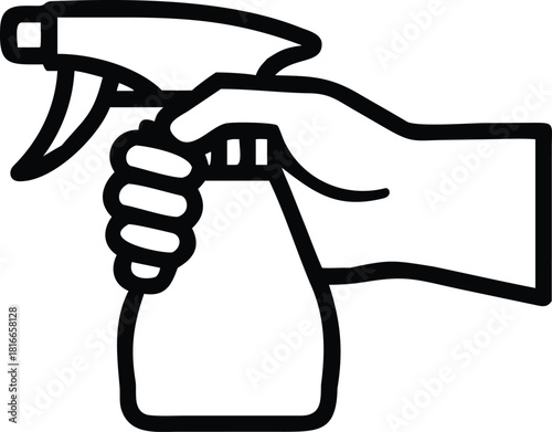 Outline illustration of a human hand holding a versatile spray bottle, perfect for symbolizing cleaning, sanitization, gardening, or product application tasks and services