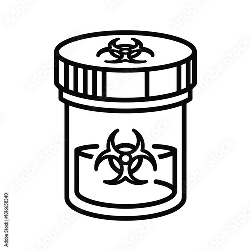 Outline icon of a biohazard waste container with universal biohazard symbol on the side and lid, isolated on