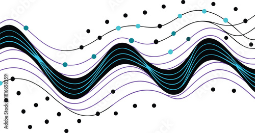 Dynamic abstract graphic illustrating complex undulating wave patterns, data points, and interconnected lines, symbolizing digital flow, frequency, and complex system dynamics.