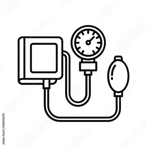 Black and white line art icon representing a manual sphygmomanometer for measuring blood pressure, isolated on