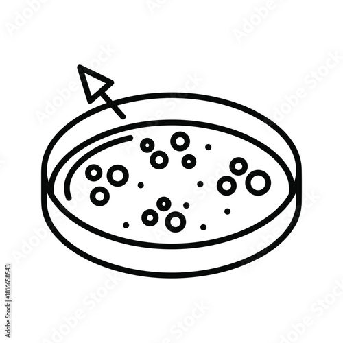 Line art icon representing a petri dish with bacterial or cell culture growth and an arrow indicating sampling or inoculation process