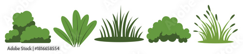 collection of grass plants and bush icons in flat green