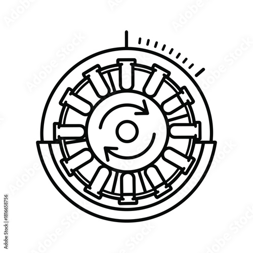 Line art icon representing a rotating electric motor stator and rotor assembly with directional arrows, isolated on