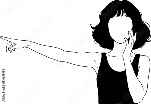 Minimalist line art of a woman pointing and touching her face