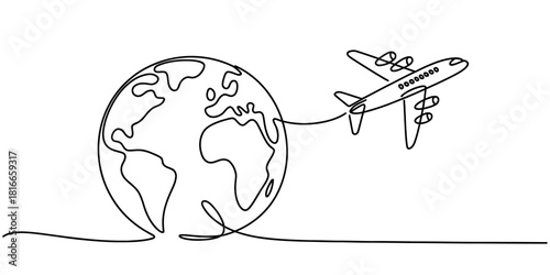 Continuous line illustration of an airplane flying away from earth, representing global journeys, international travel and worldwide exploration. Vector, illustration
