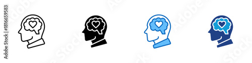 Emotional Intelligence Multiple Style Icon Design Vector - human head profile with a heart inside a brain shape, expressing empathy, awareness, and thoughtful emotional understanding