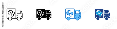 Drug Delivery Multiple Style Icon Design Vector - Truck carrying medicine, symbolizing pharmaceutical distribution and medical supply transport