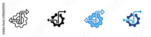 Decision Making Multiple Style Icon Design Vector - gear with multiple diverging arrows, representing choices, strategic thinking, and selecting the best direction
