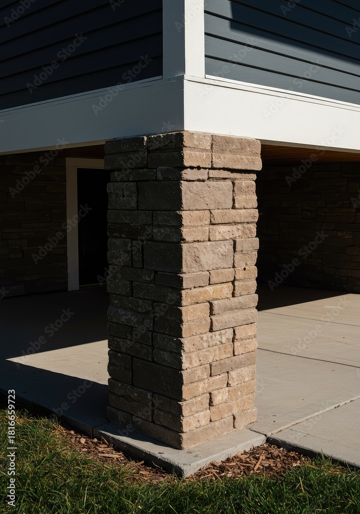 Obraz premium Close-up view of a robust, square masonry porch pier supporting a residential structure. Essential architectural foundation element ,ground ,maintenance ,historic