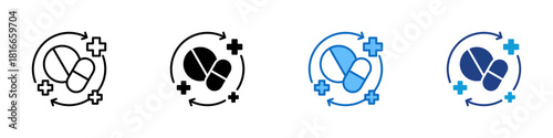 Regenerative Medicine Multiple Style Icon Design Vector - pill and medical crosses over circular arrows, representing biological renewal through therapeutic regeneration and healing innovation