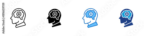 Self Improvement Multiple Style Icon Design Vector - head profile with a brain shape containing a plus sign, implying growth, personal development, and continuous self improvement