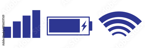 set Wi-Fi icon isolated on white background for phone. Phone bar status Icons, battery Icon, Wi-Fi signal strength.