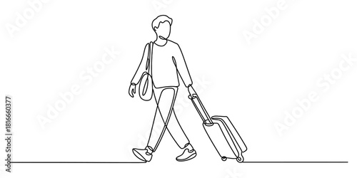 Continuous one line drawing of a male traveler walking with a rolling suitcase and shoulder bag, symbolizing journey, vacation, and exploration concept. Vector, illustration