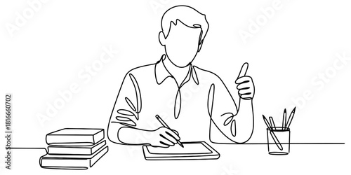 A young man in one line art illustration writing on a digital tablet with a pen, surrounded by books, giving a positive thumbs up gesture. Vector, illustration