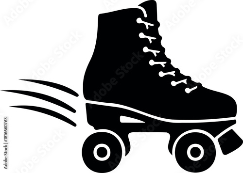 Classic roller skate icon in motion, a dynamic black silhouette with speed lines, symbolizing retro fun, recreation, and vintage sports activity on a clean background.