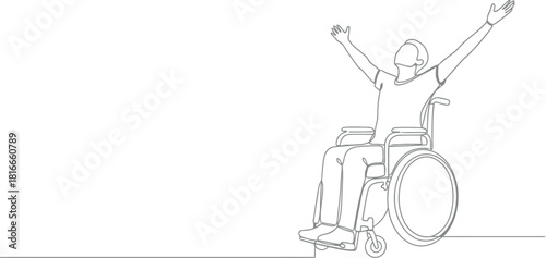 Person in wheelchair celebrating with arms raised in joyful expression