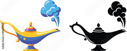 A colorful and monochrome illustration of a magic lamp with rising smoke