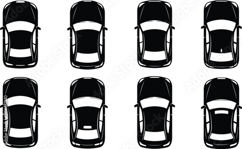 Aerial view of eight modern cars arranged in a grid pattern