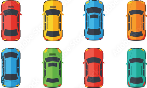 Colorful cartoon cars in a top down view arranged in a grid pattern