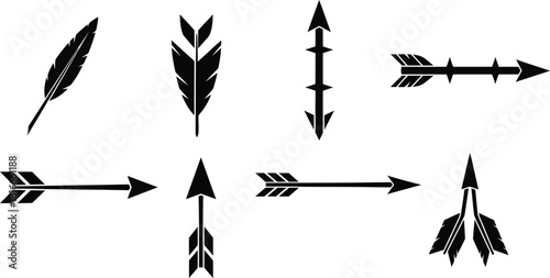 Black silhouette illustrations of arrows and a feather minimalist design elements