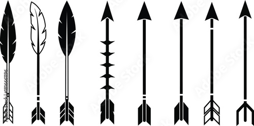 A collection of black arrows and feathers showcasing various design elements