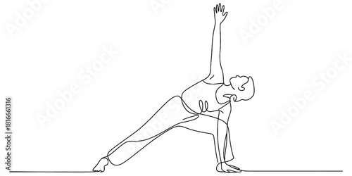 Continuous line drawing of a person in a yoga pose, extended side angle variation, upward arm stretch, fitness exercise, wellness concept. Vector, illustration