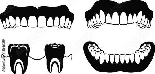 Illustrative depictions of human teeth dentures and dental arrangements in black