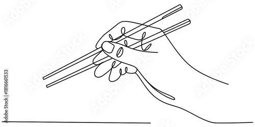 Continuous single line art illustration depicting a human hand skillfully holding a pair of chopsticks, emphasizing oriental dining culture Vector, illustration