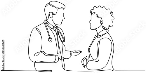Continuous line art drawing of a doctor with stethoscope consulting a patient, illustrating healthcare communication, medical advice, and care. Vector, illustration